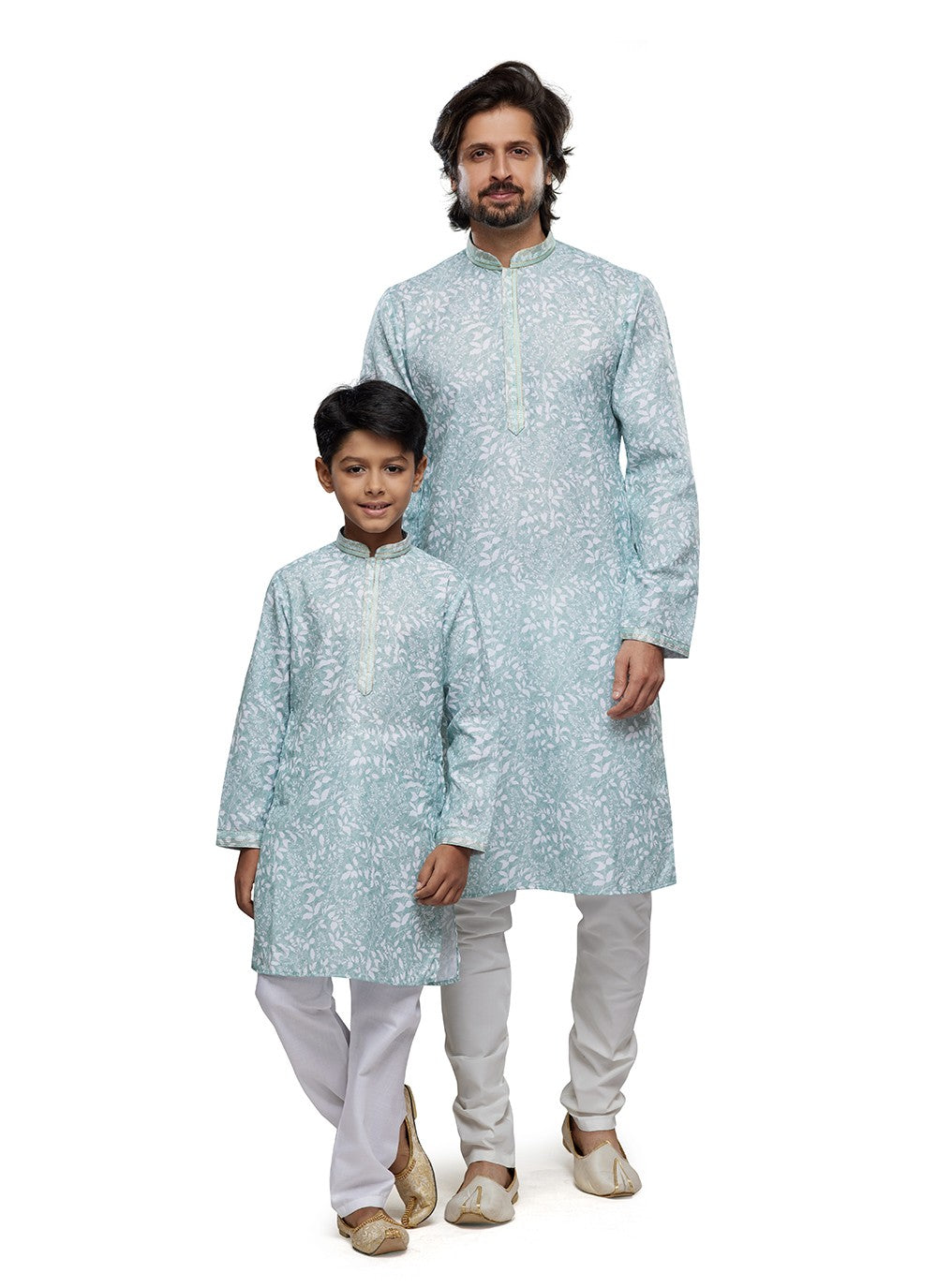 Digital Print Cotton Aqua Blue Men's & Kids Combo - M6806