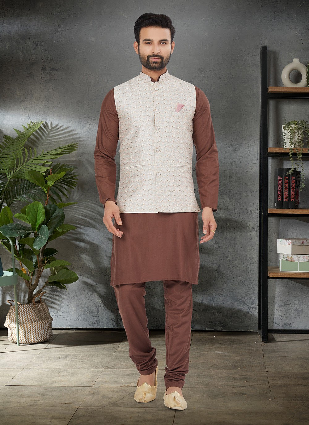 Digital Print Cotton , Silk Beige, Brown Kurta Payjama With Jacket - M6478