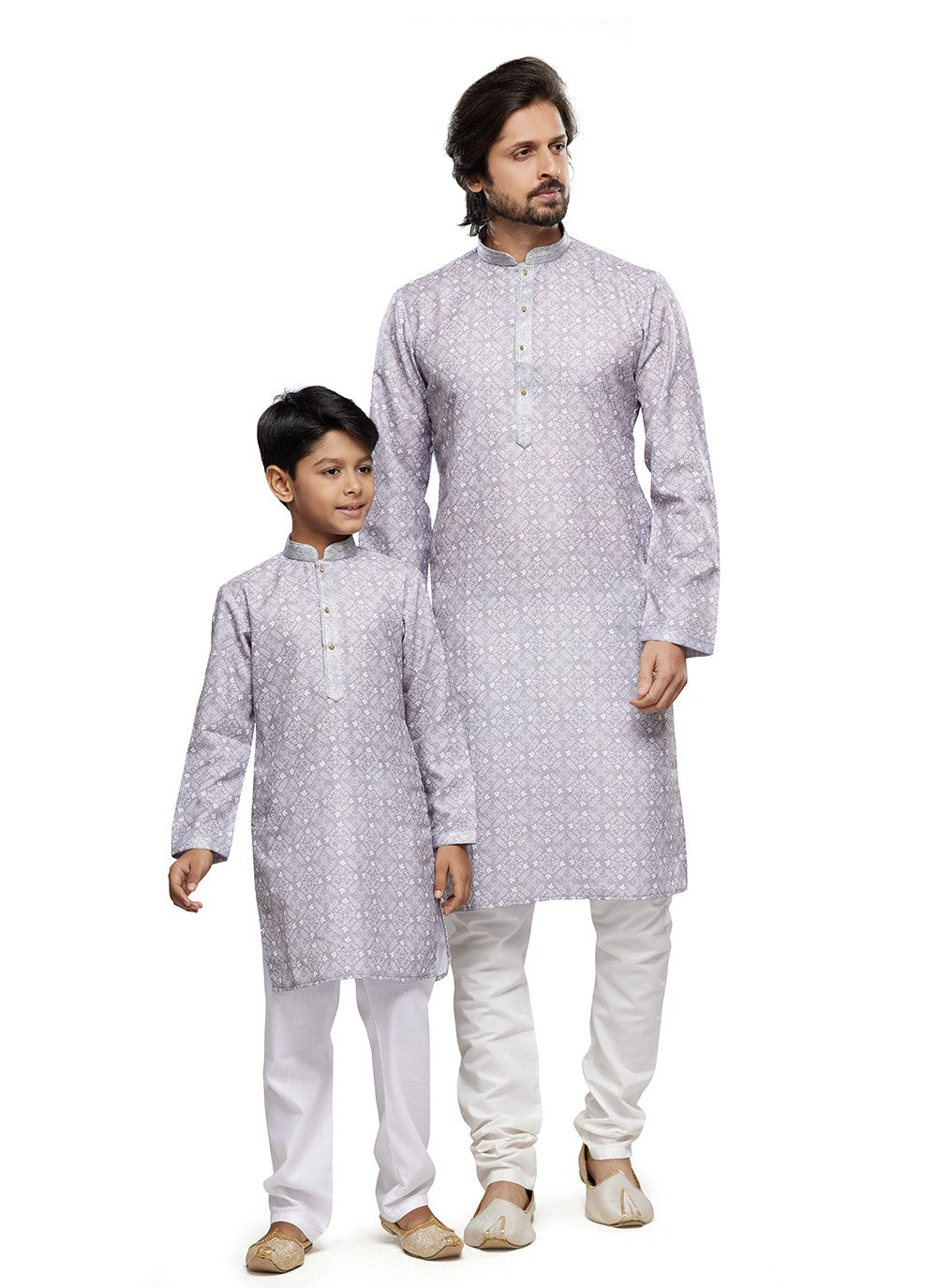 Digital Print Cotton Grey Men's & Kids Combo - M6808