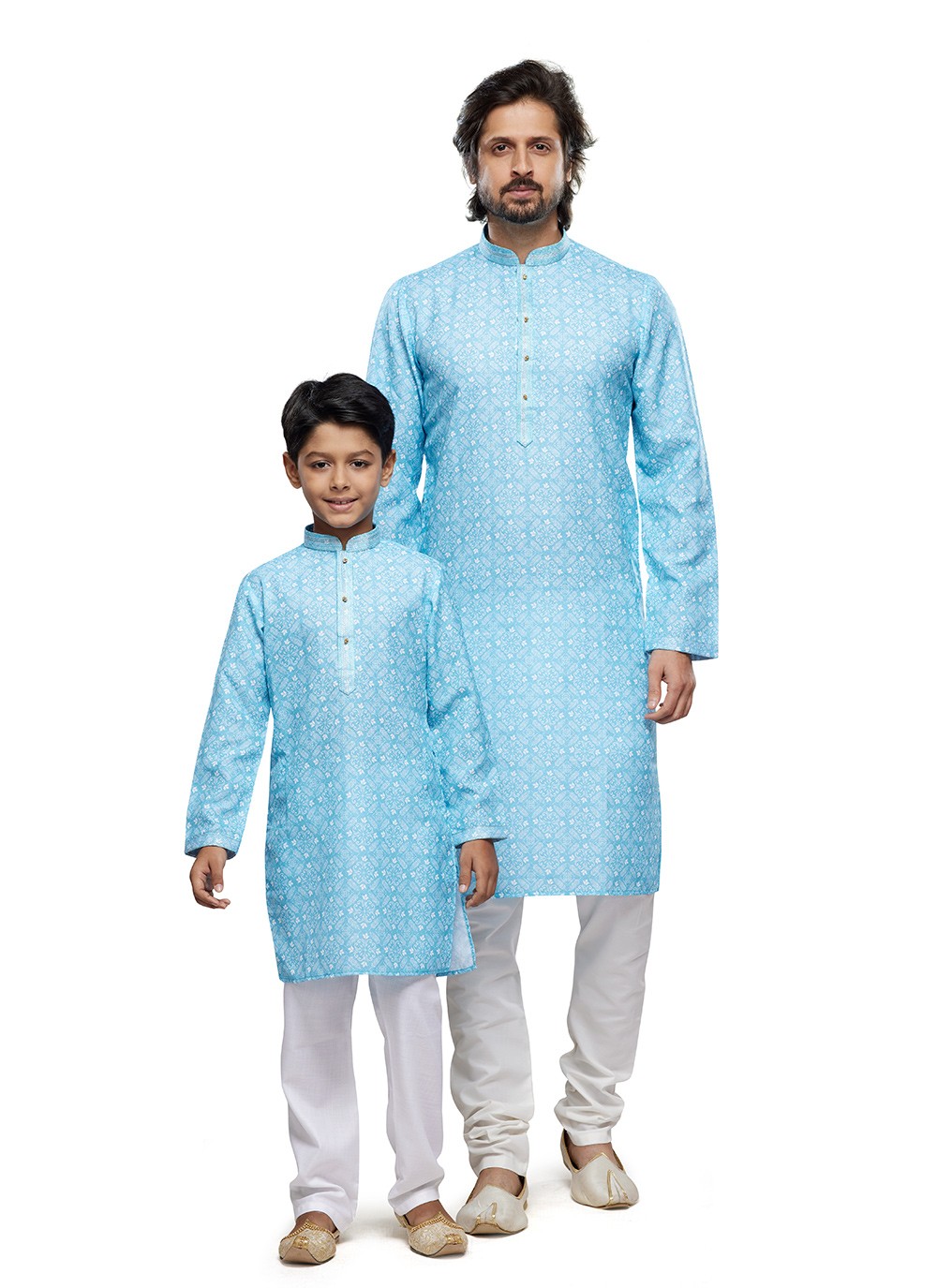 Digital Print Cotton Firozi Men's & Kids Combo - M6809