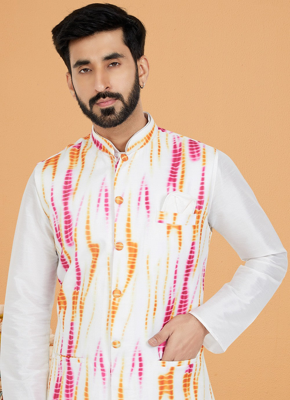 Digital Print Cotton , Dupion Silk Multi Colour, White Kurta Payjama With Jacket - M5526