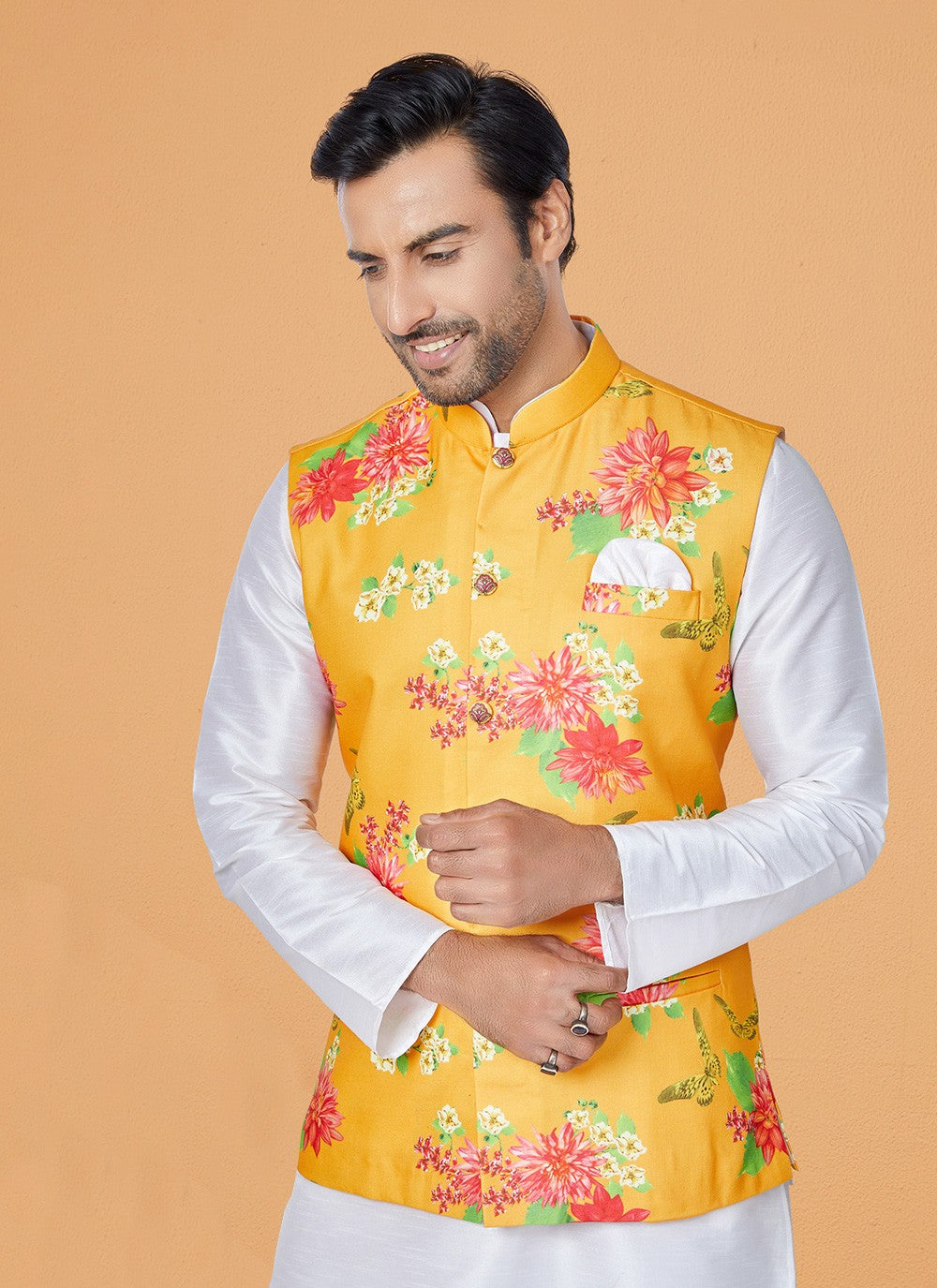 Digital Print Cotton Mustard Nehru Jackets - M7393