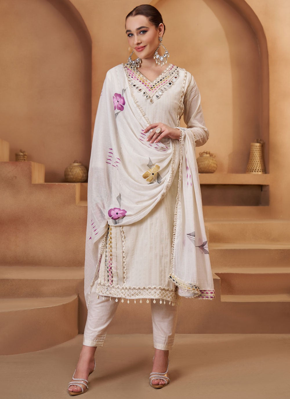 Pant Style Suit Fancy Work, Mirror, Thread White T7942