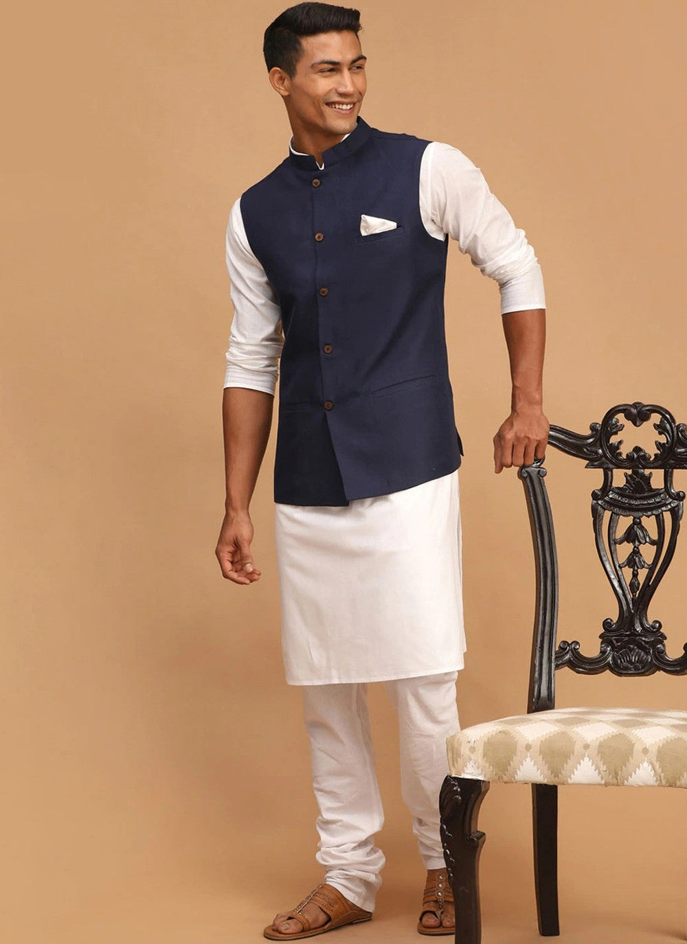Plain Cotton Navy Blue, White Kurta Payjama With Jacket - M6281