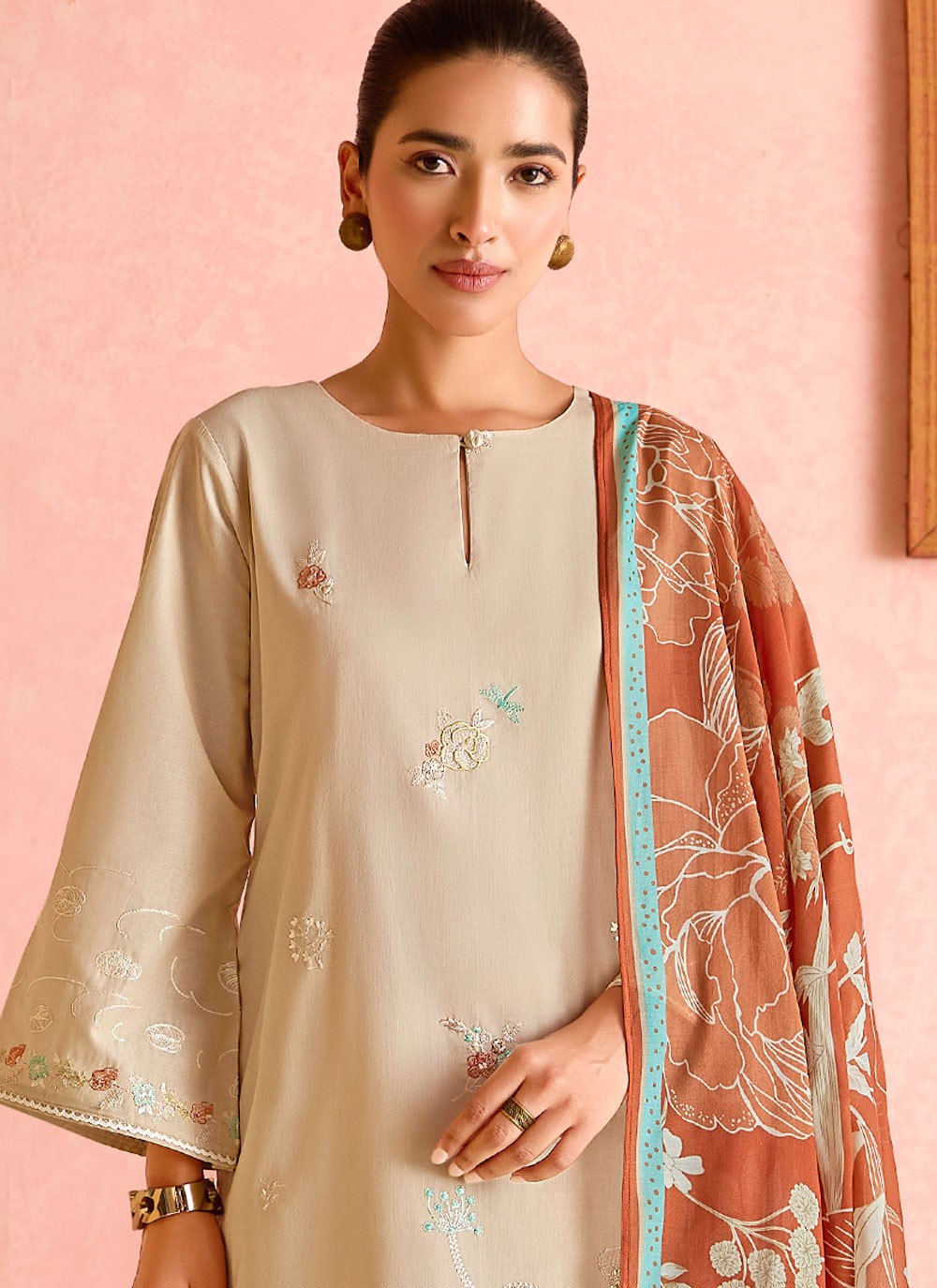 Embroidered Cotton Lawn Beige Salwar Suit T6455