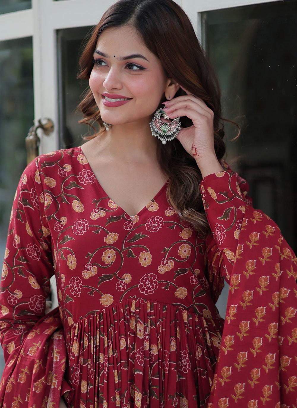 Anarkali Floral Printed Maroon T6852