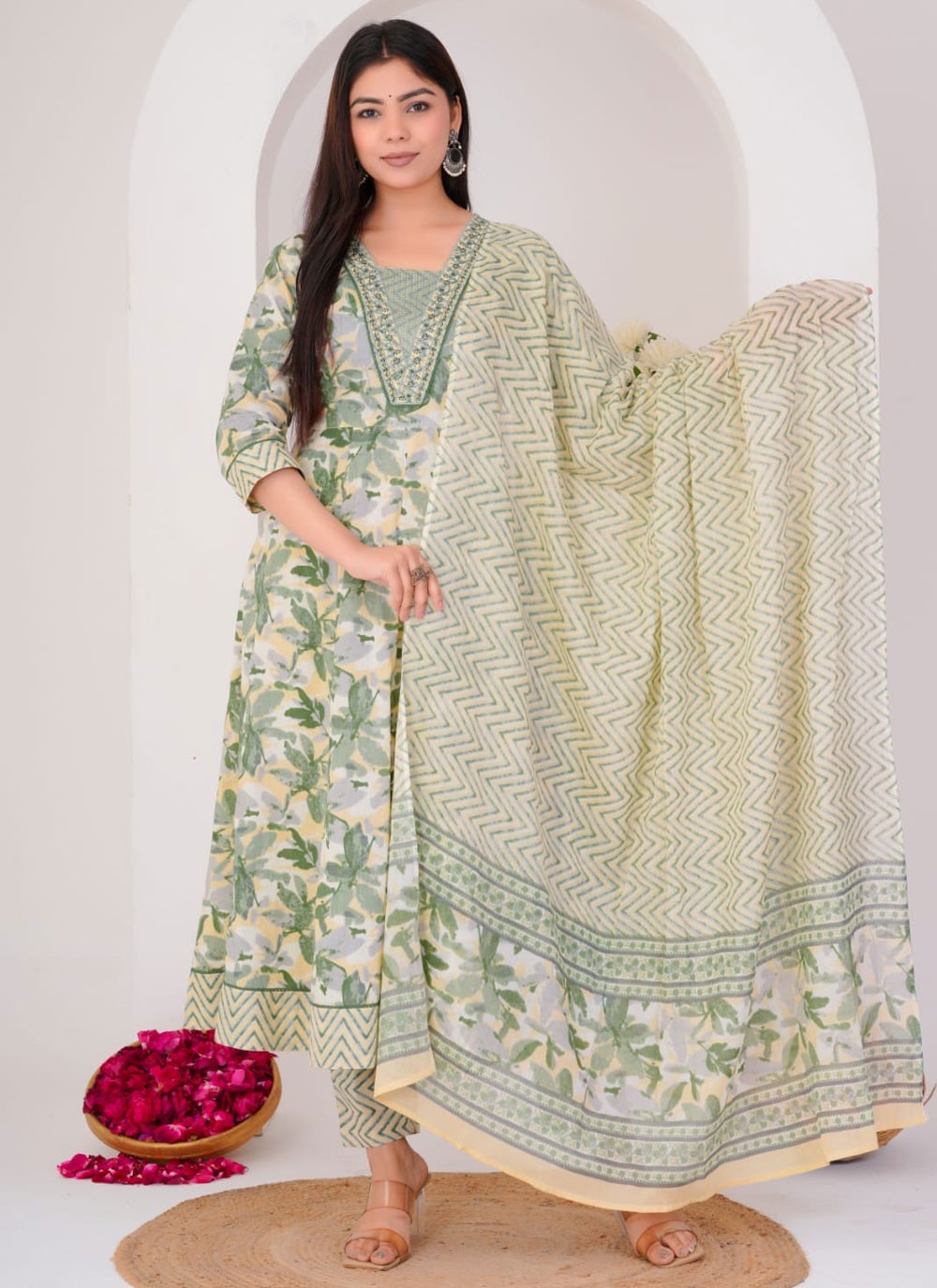 Anarkali Foliage Prints Multi Colour Cotton T5703