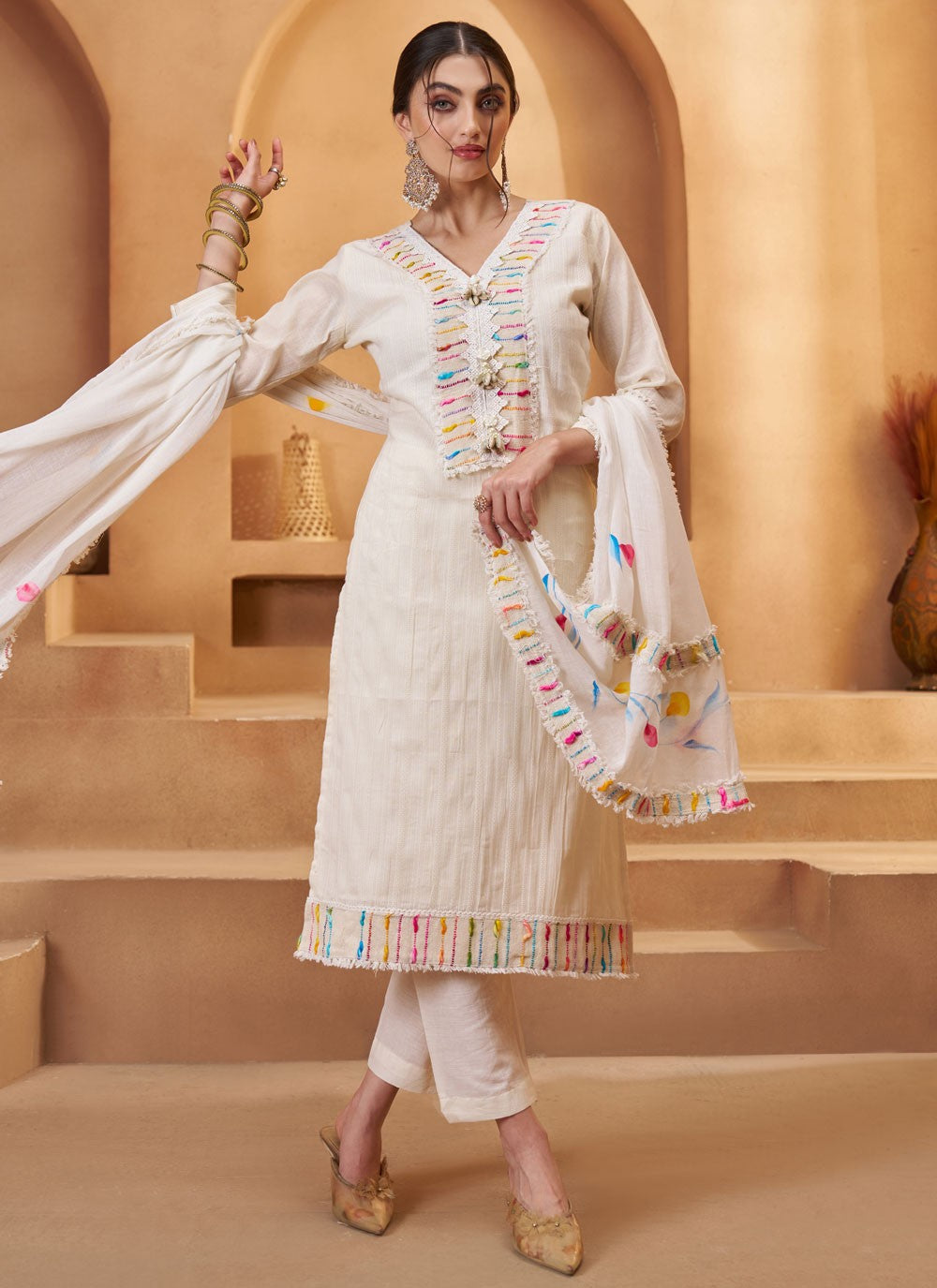 Pant Style Suit Fancy Work, Multi Work, Thread White T7944