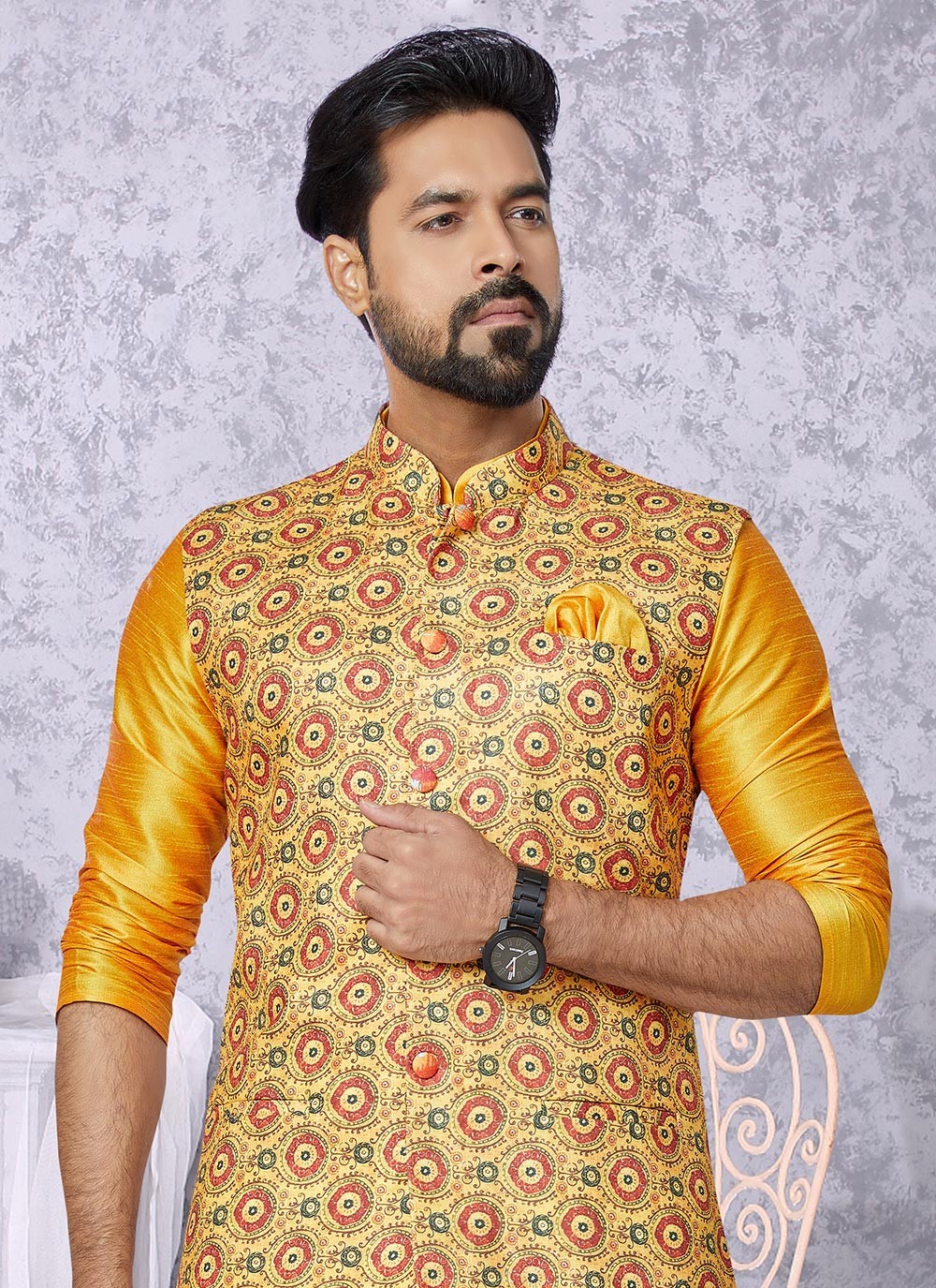 Digital Print Cotton , Dupion Silk Mustard, Yellow Kurta Payjama With Jacket - M5529