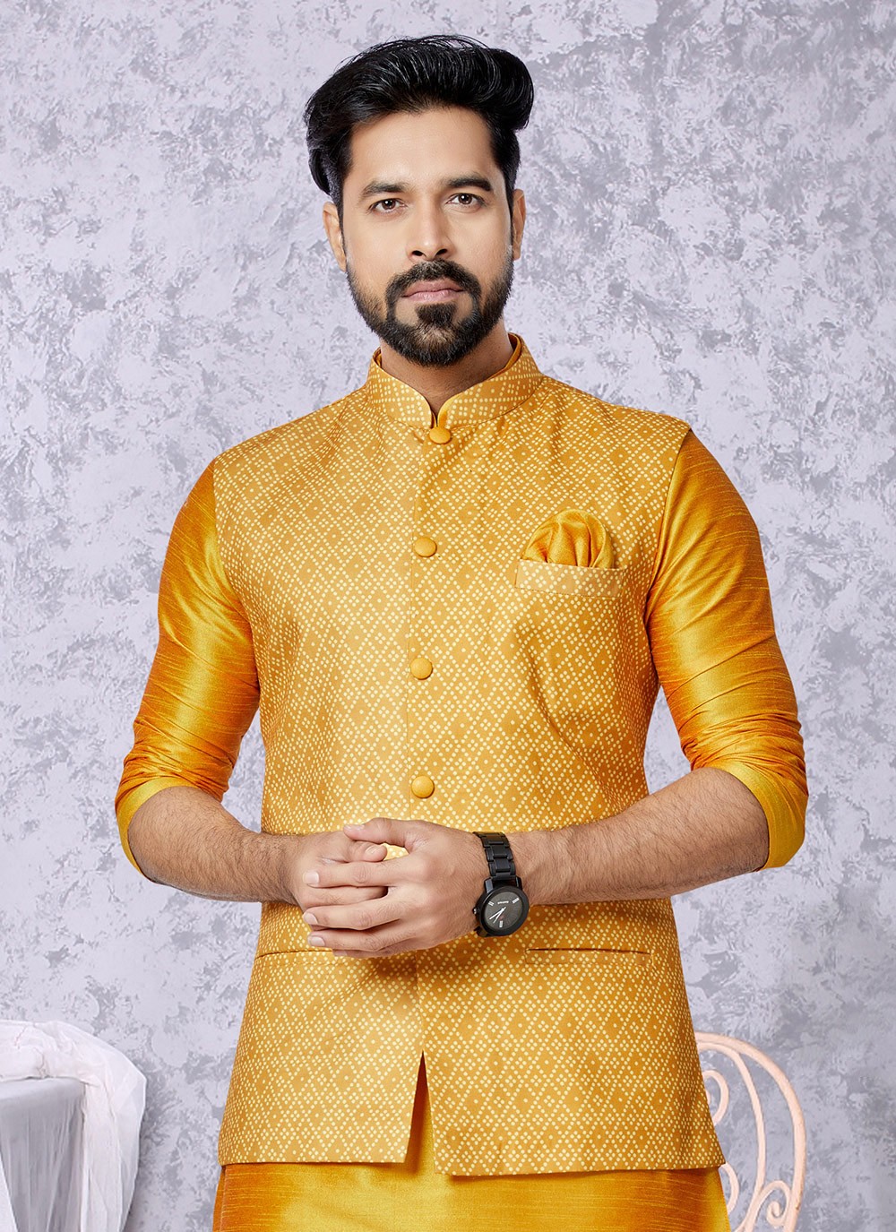 Digital Print Cotton Mustard Nehru Jackets - M7407