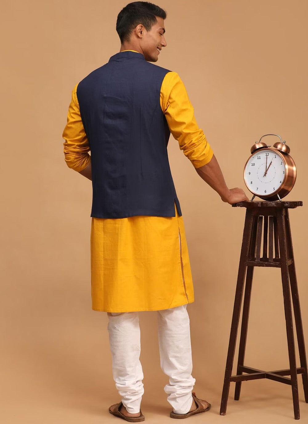 Plain Cotton Navy Blue, Yellow Kurta Payjama With Jacket - M6280