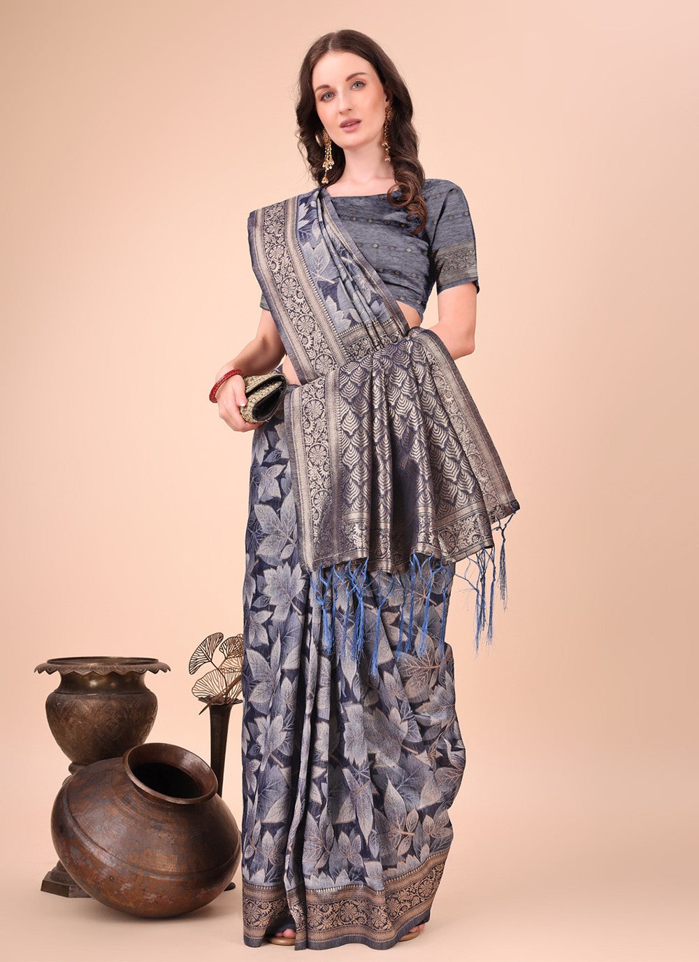 Floral Printed Cotton Navy Blue Classic Saree S15121