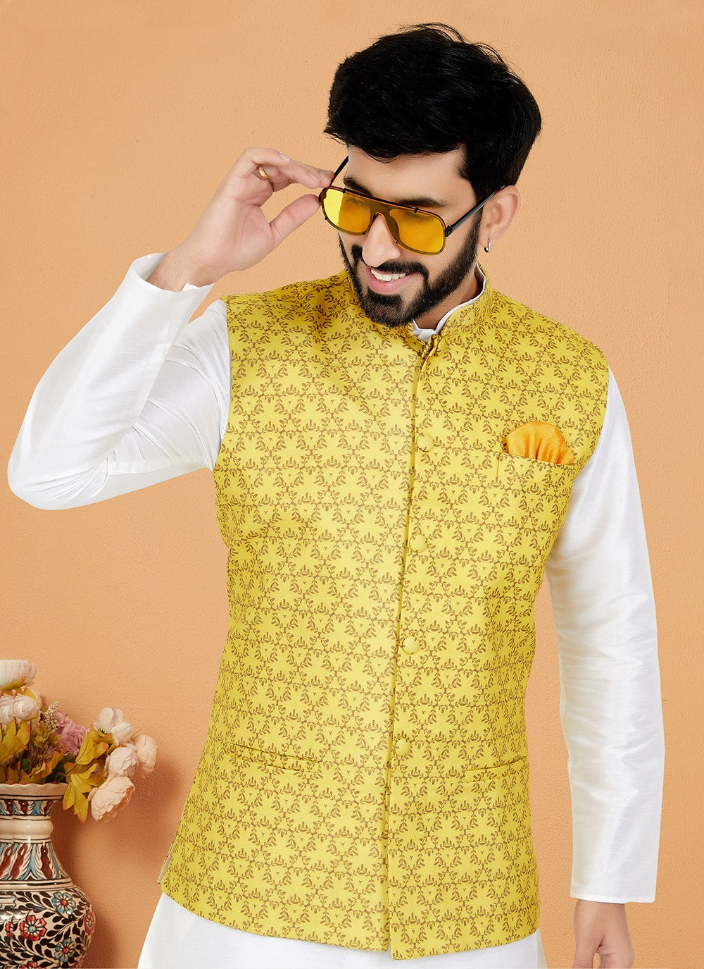 Digital Print Cotton Yellow Nehru Jackets - M7396