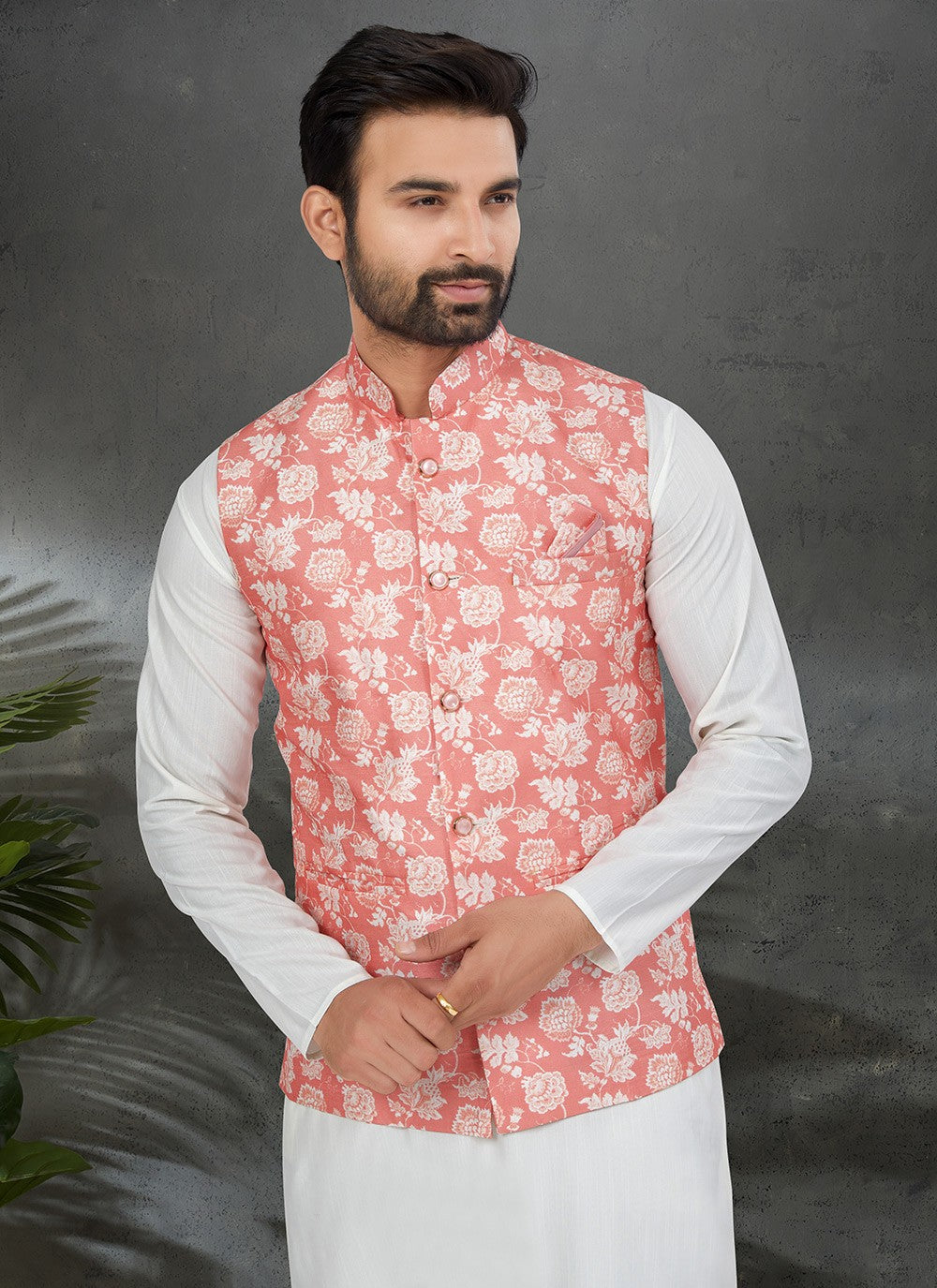 Digital Print Cotton , Silk Pink, White Kurta Payjama With Jacket - M6482