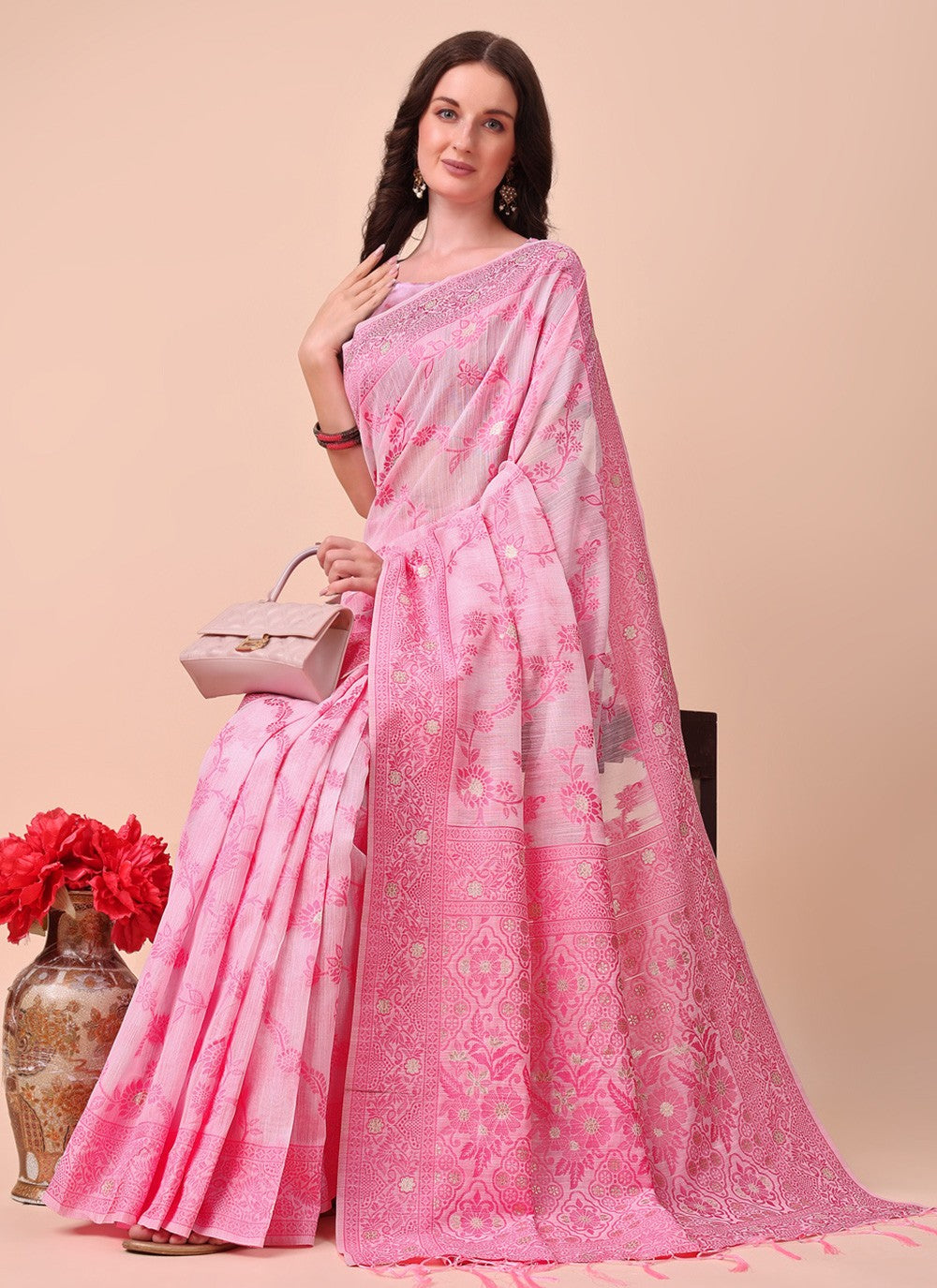Weaving Zari Cotton Pink Classic Saree S15127