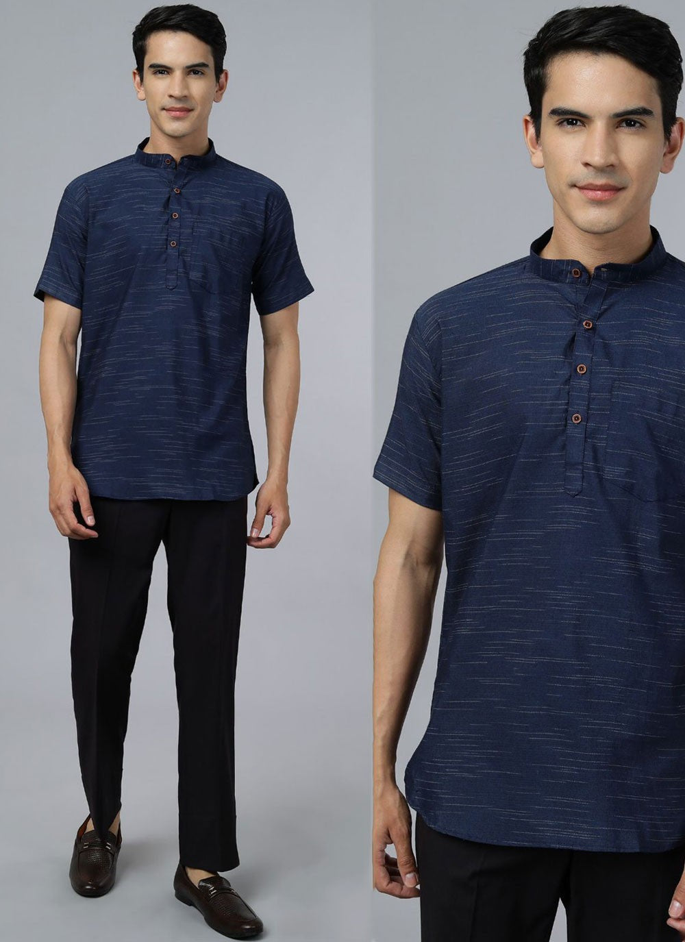 Plain Cotton , Khadi Navy Blue Short Kurta - M6854