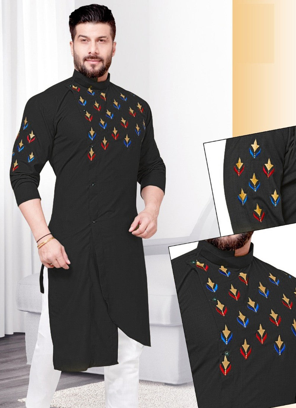 Resham Cotton Black Kurta - M2251