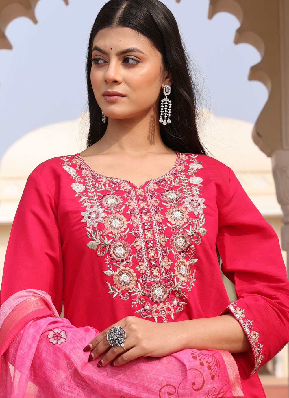 Salwar Suit Embroidered Pink Cotton Silk T5746