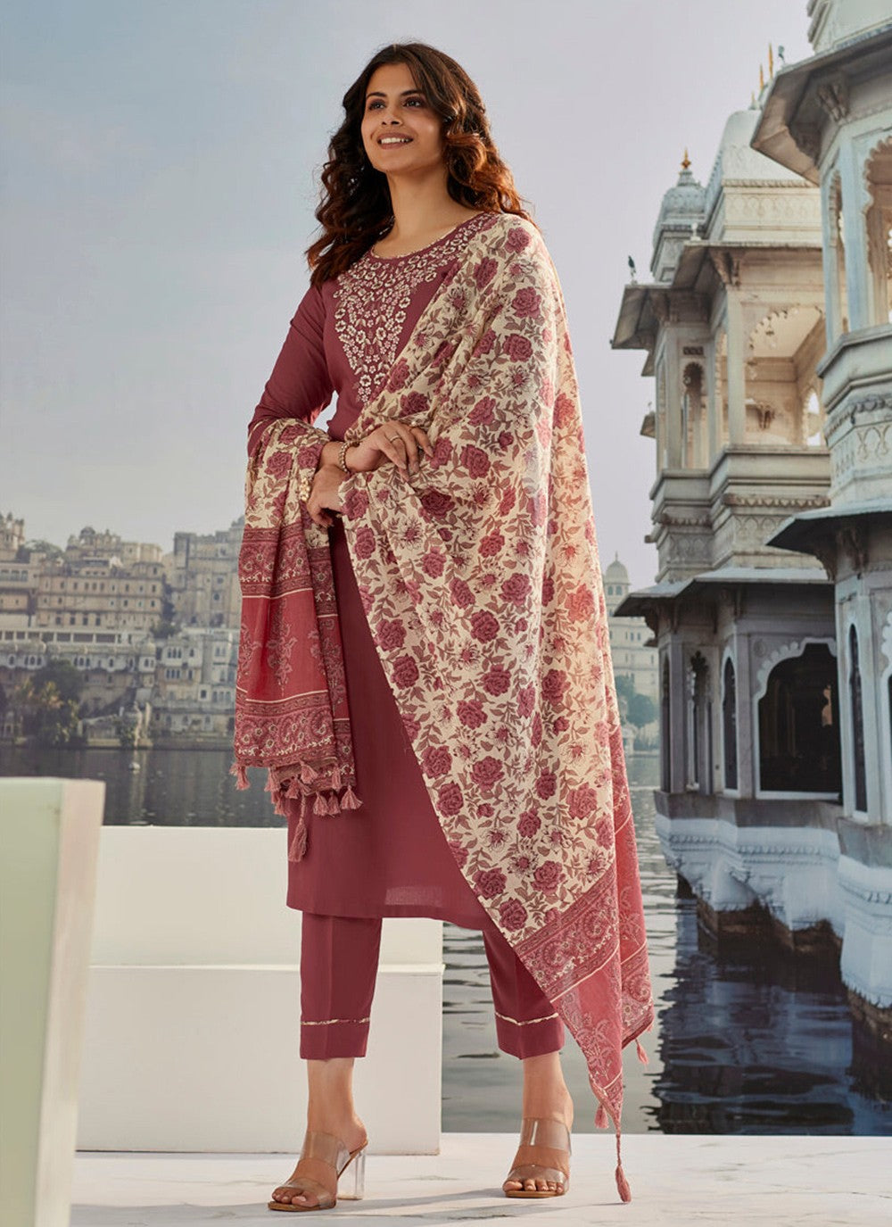 Pant Style Suit Embroidered Brown Cotton Silk T5023