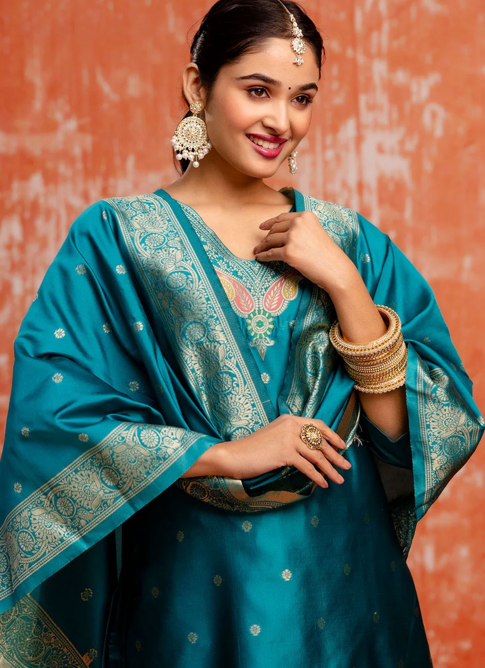 Jacquard Work Cotton Silk Firozi Salwar Suit T6151