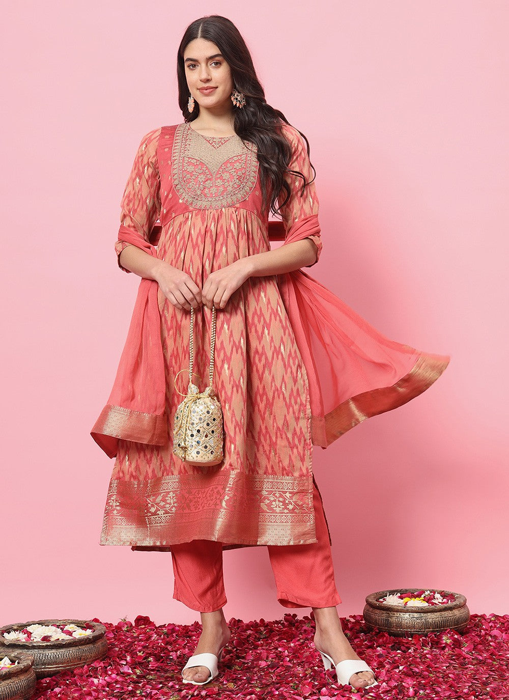 Pant Style Suit Embroidered, Printed Peach T7215
