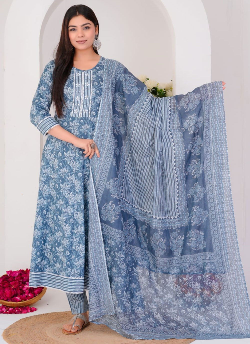 Salwar Suit Foliage Prints Blue Cotton T5671