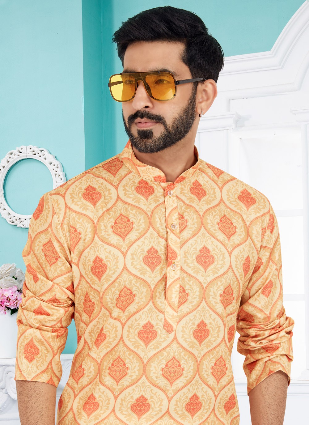 Digital Print Cotton Yellow Kurta Pyjama - M5062