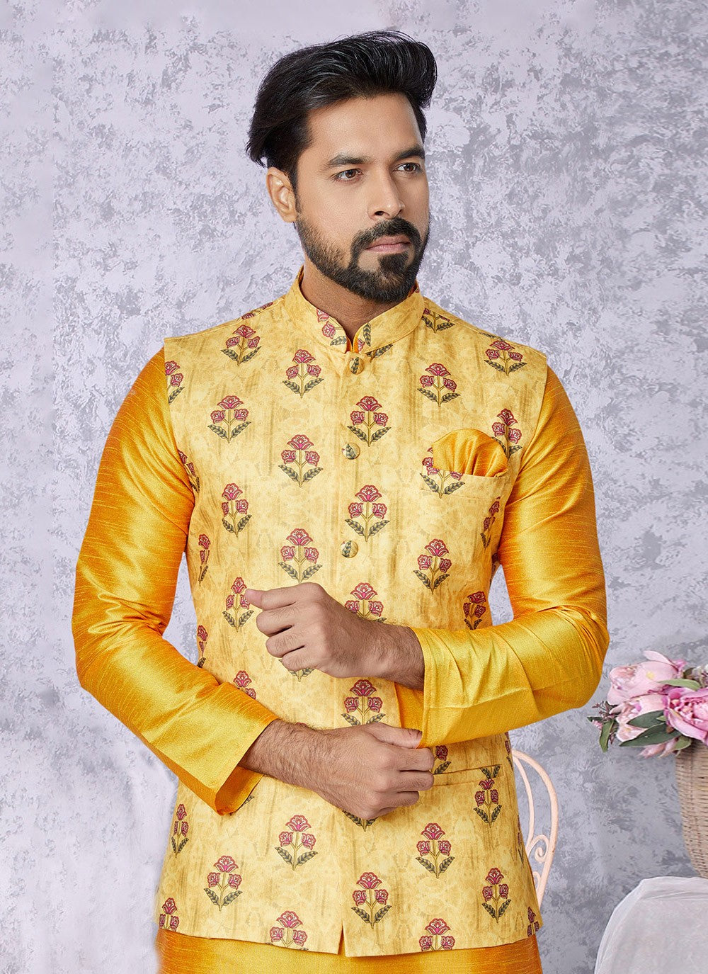 Digital Print Cotton Yellow Nehru Jackets - M7398