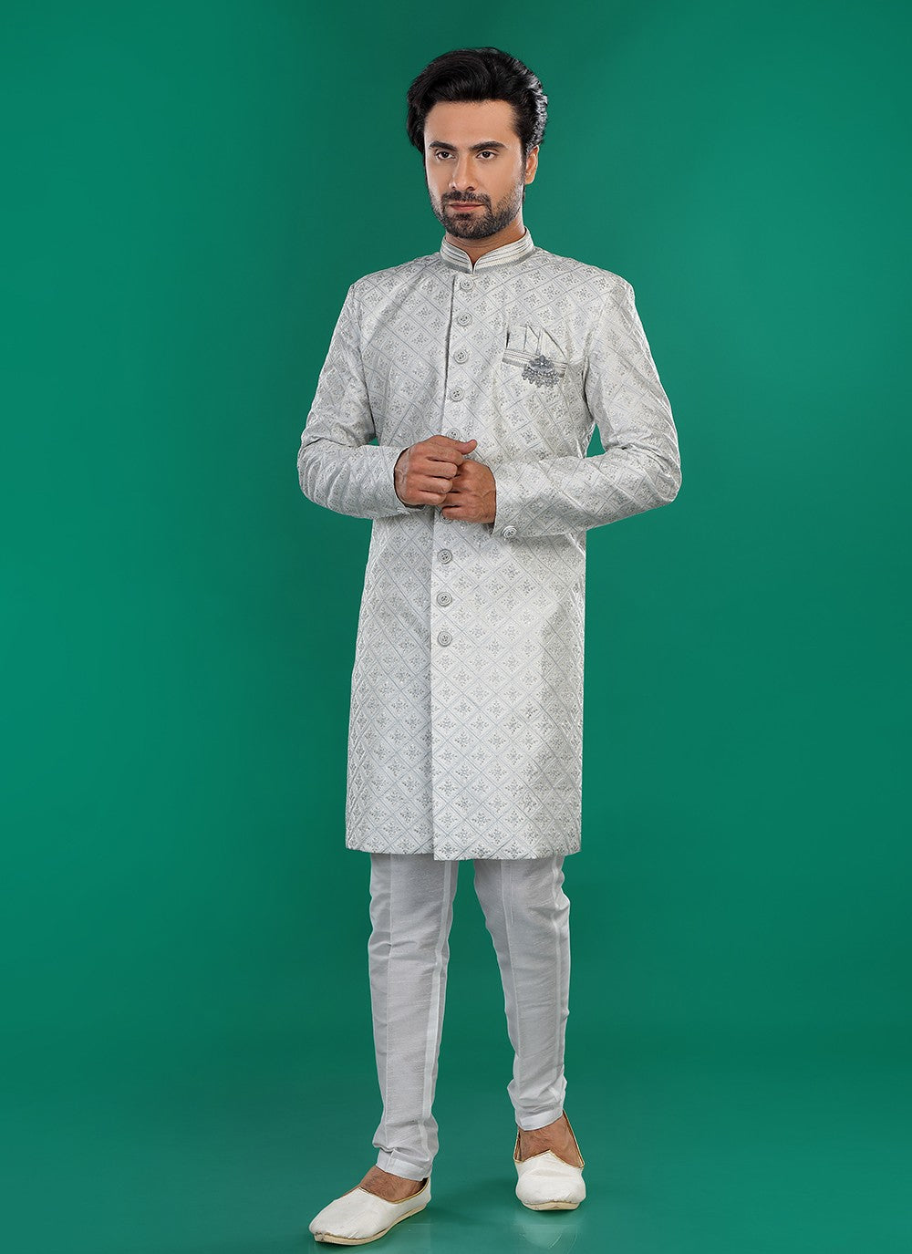 Embroidered Art Silk Cream, Grey Sherwani - M8806