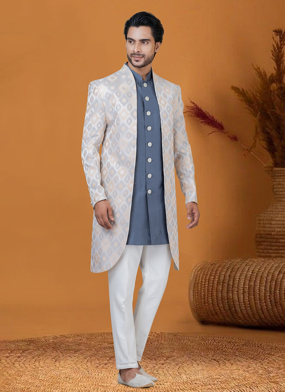 Jacquard Work Jacquard Silk Cream, Grey Indo Western - M8372