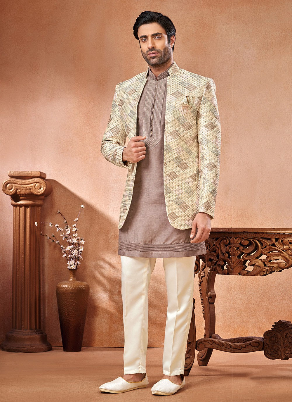 Embroidered Banarasi Silk Cream, Multi Colour Jodhpuri Suit - M6661