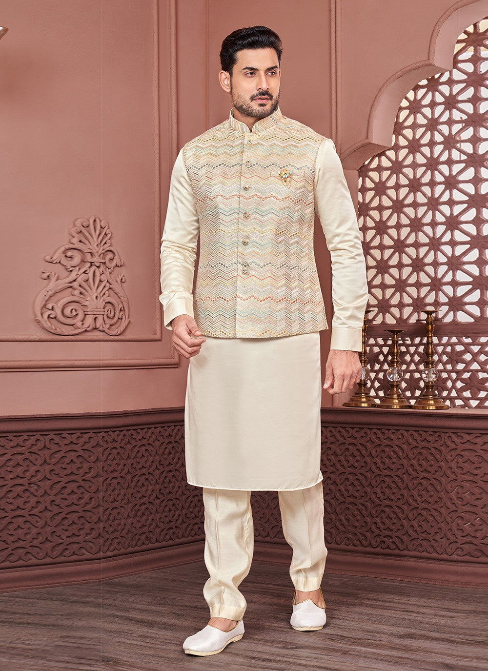 Embroidered Banarasi Silk Cream, Multi Colour Kurta Payjama With Jacket - M6321