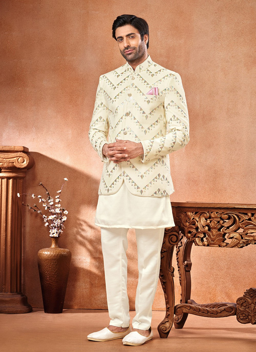 Embroidered Velvet Cream, Multi Colour Jodhpuri Suit - M6671