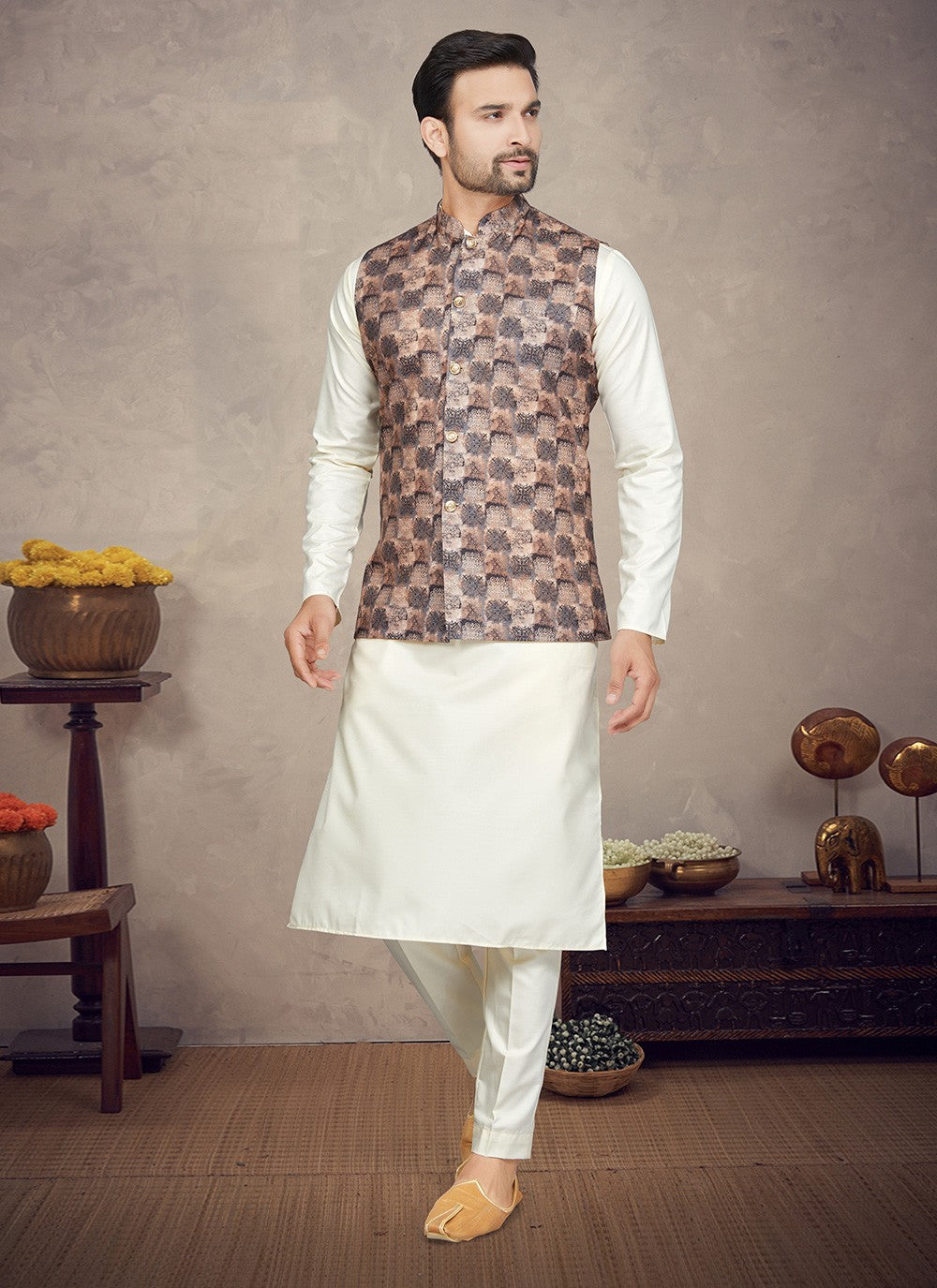 Digital Print Cotton Cream, Multi Colour Kurta Payjama With Jacket - M5845