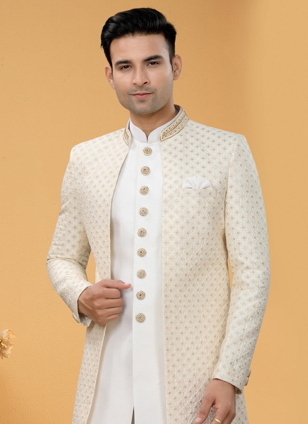 Hand Embroidery Art Silk Cream, Off White Indo Western Sherwani - M5109