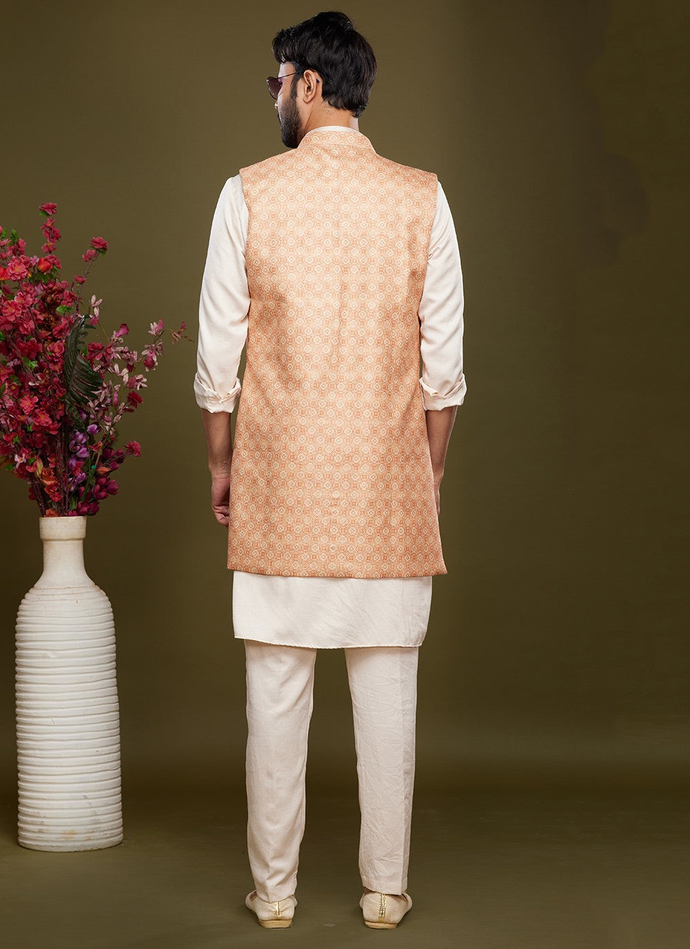 Digital Print Banarasi Silk Cream, Peach Kurta Payjama With Jacket - M6069