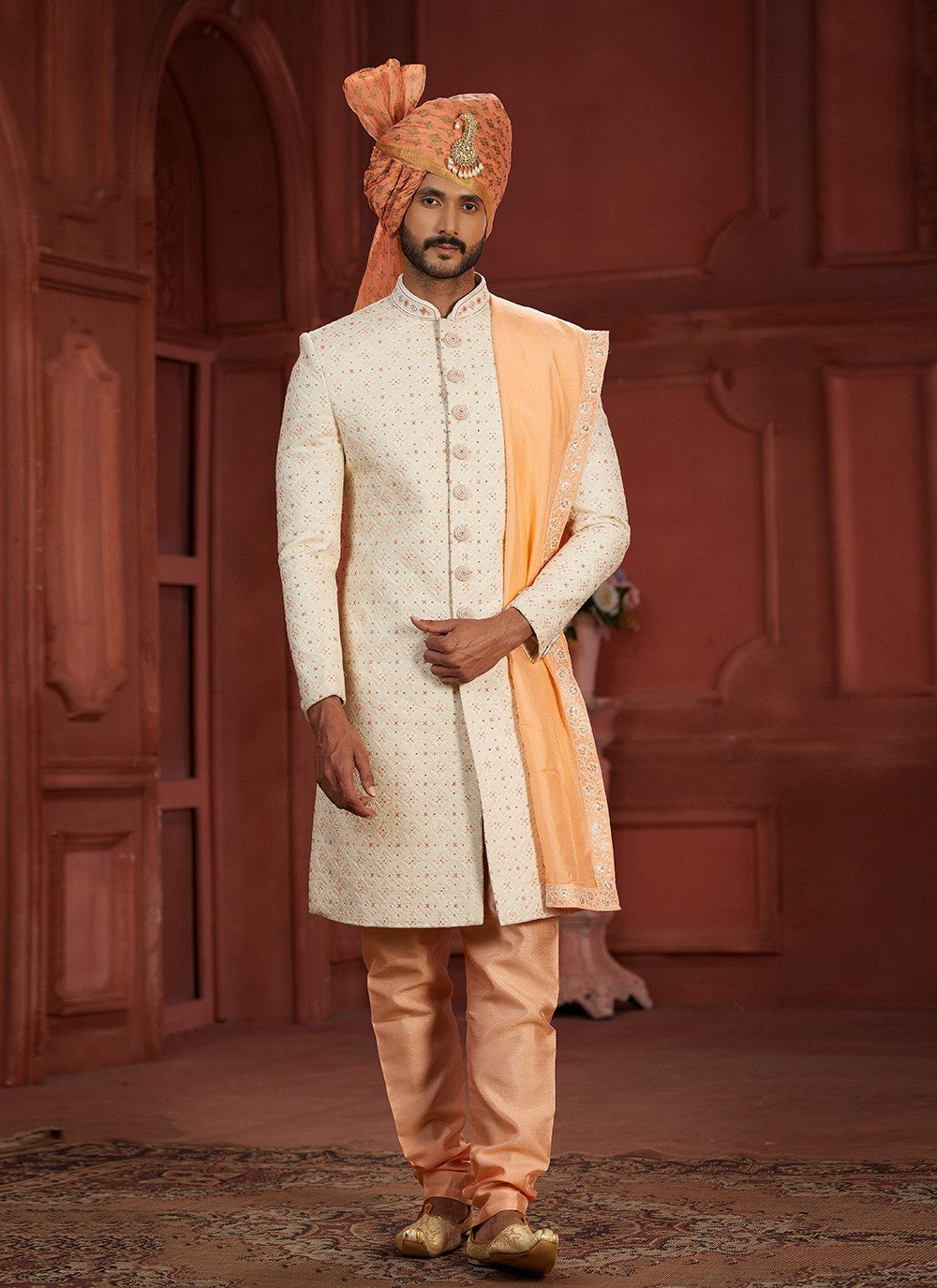 Embroidered Pure Silk Cream, Peach Sherwani - M7384