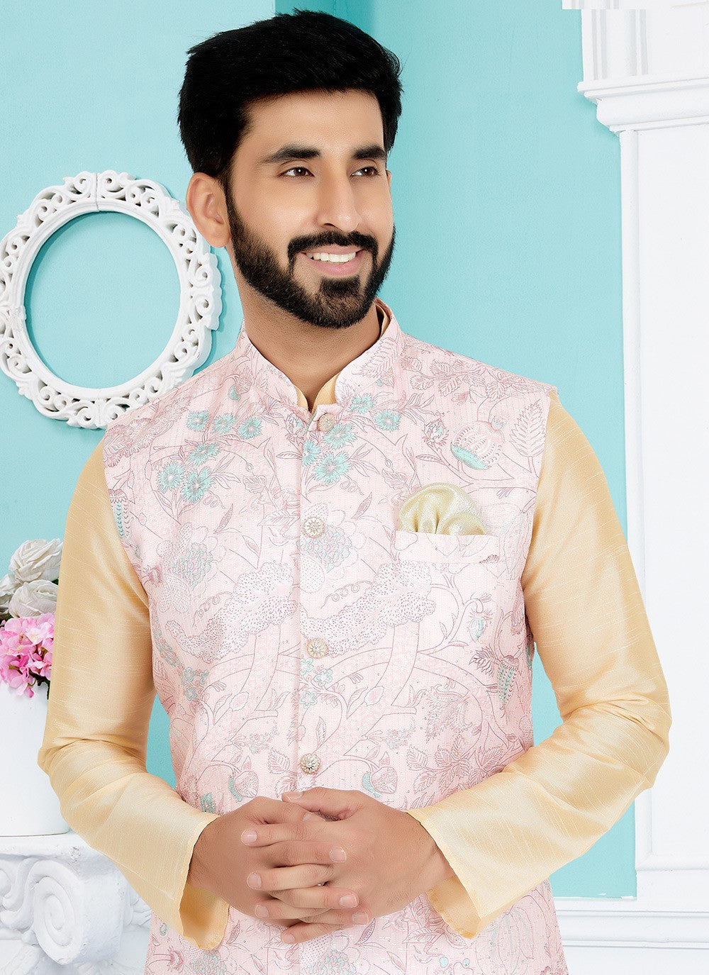 Embroidered Banarasi Silk, Polyester Cream, Pink Kurta Payjama With Jacket - M5538