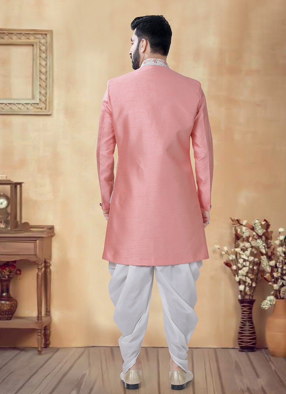 Embroidered Silk Cream, Pink Sherwani - M8518