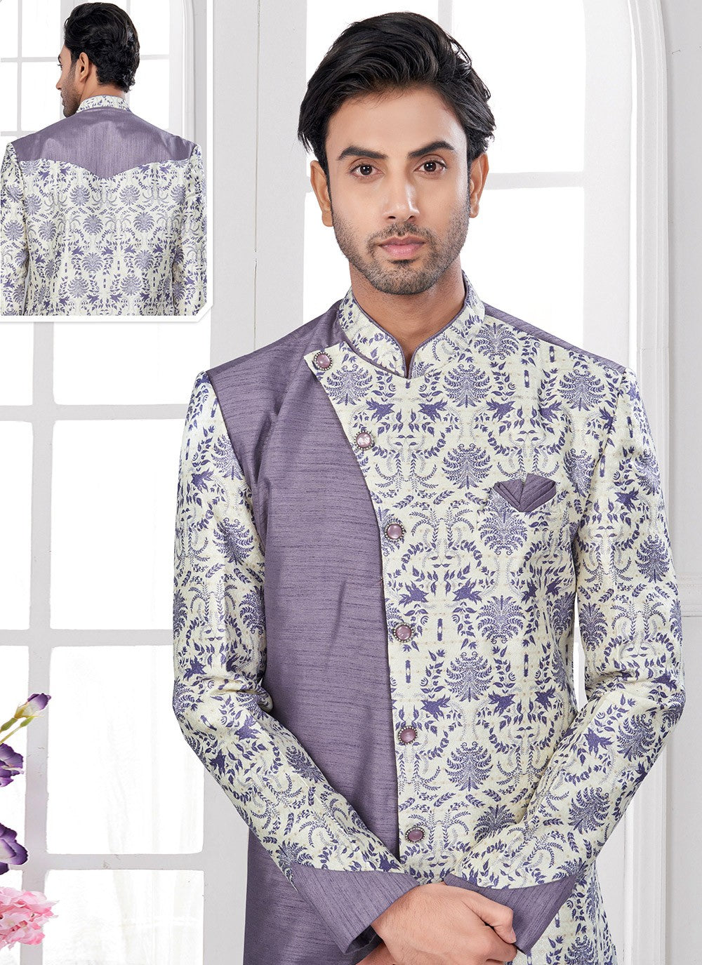 Buttons Jacquard Silk Cream, Purple Indo Western - M8647
