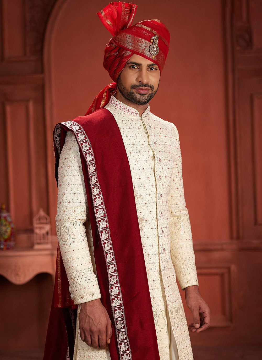 Embroidered Pure Dola, Silk Cream, Hot Pink Sherwani - M7392