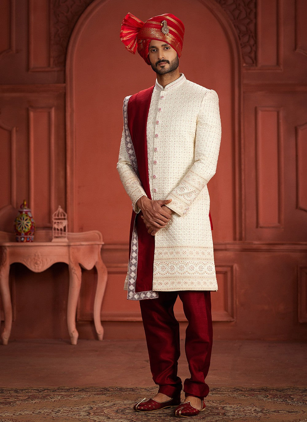 Embroidered Pure Silk Cream, Hot Pink Sherwani - M7391