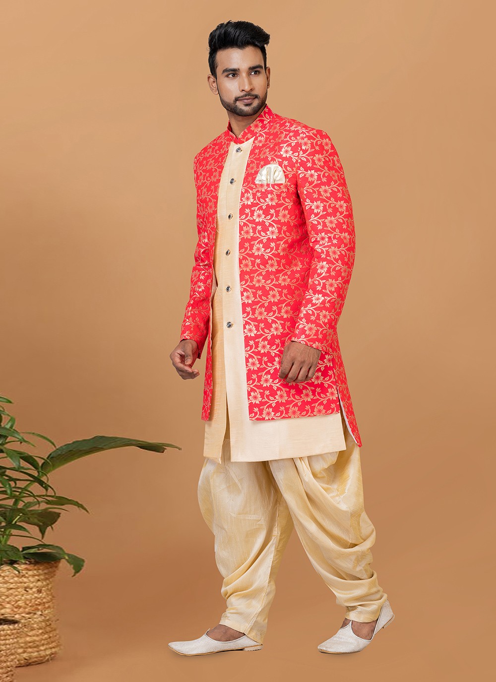 Fancy Work Dupion Silk, Jacquard Silk Cream, Red Indo Western Sherwani - M5982