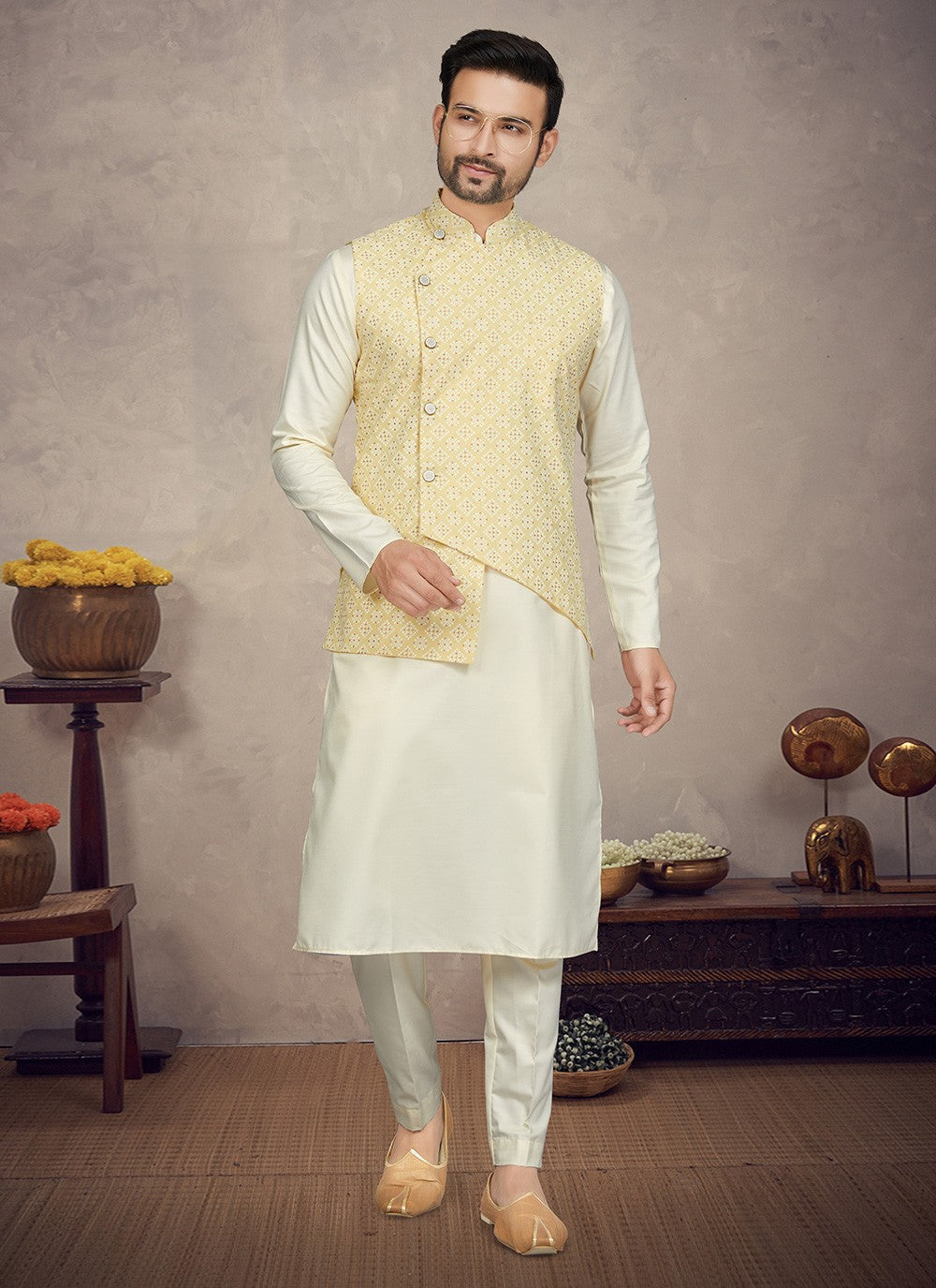 Digital Print Cotton Cream, Yellow Kurta Payjama With Jacket - M5841