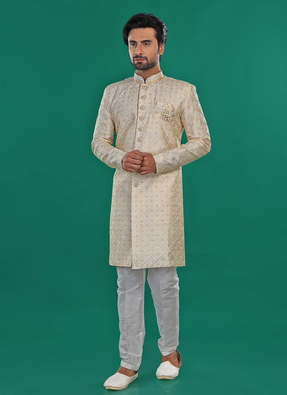 Embroidered Art Silk Cream, Yellow Sherwani - M8808