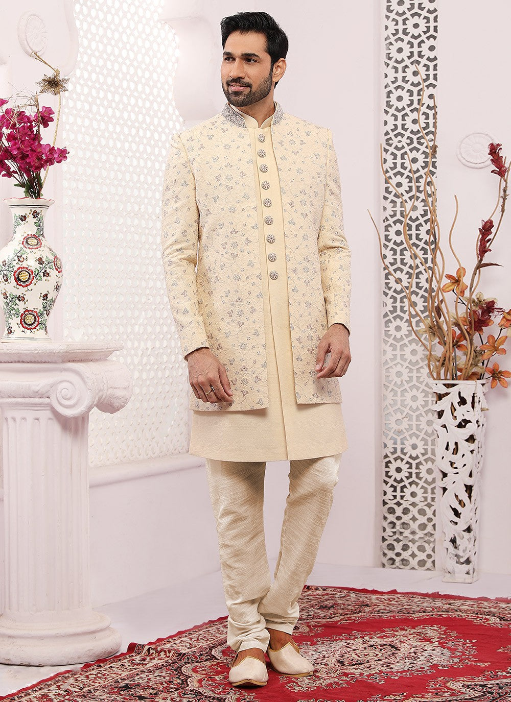 Embroidered Banarasi Silk Cream Jacket Style - M3309