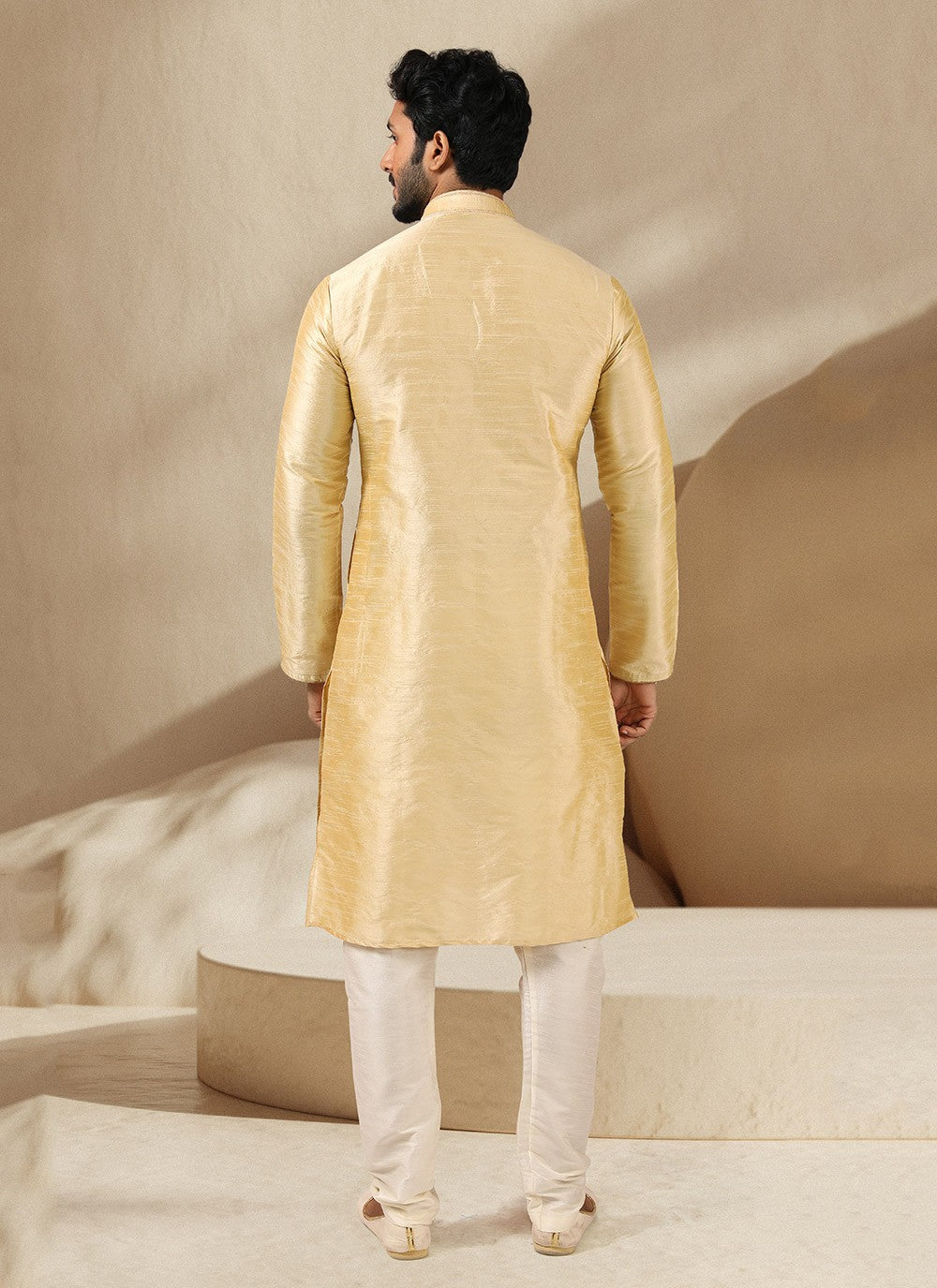 Embroidered Banarasi Silk Cream Kurta Pyjama - M3246