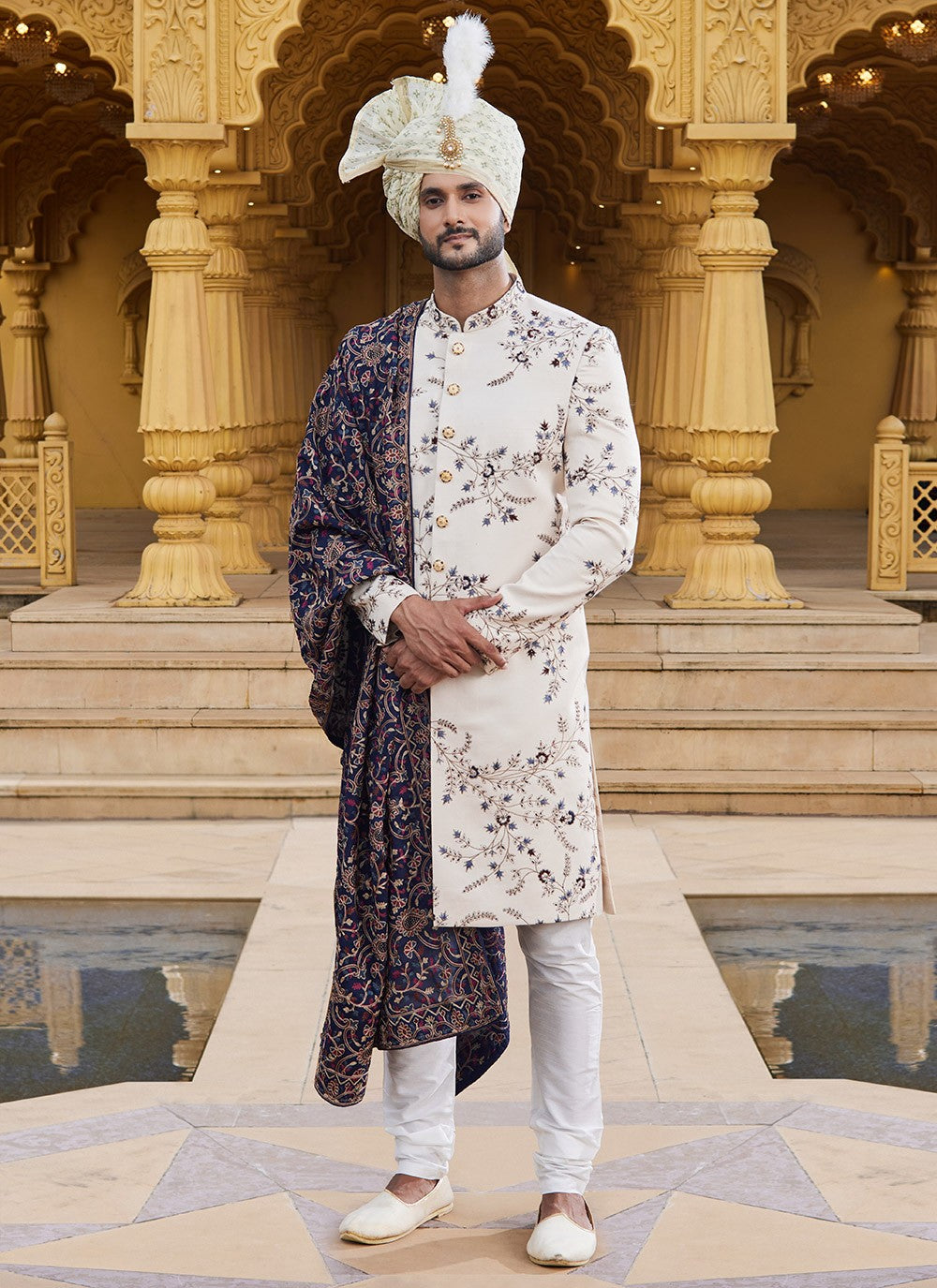 Fancy Work Art Silk Cream Sherwani - M6089