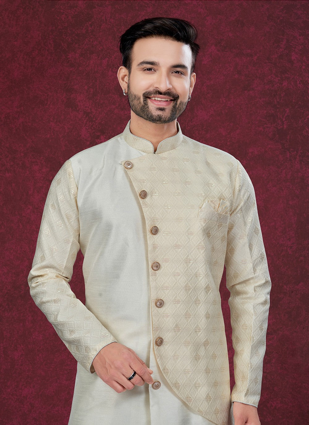 Buttons Jacquard Silk Cream Indo Western - M8646