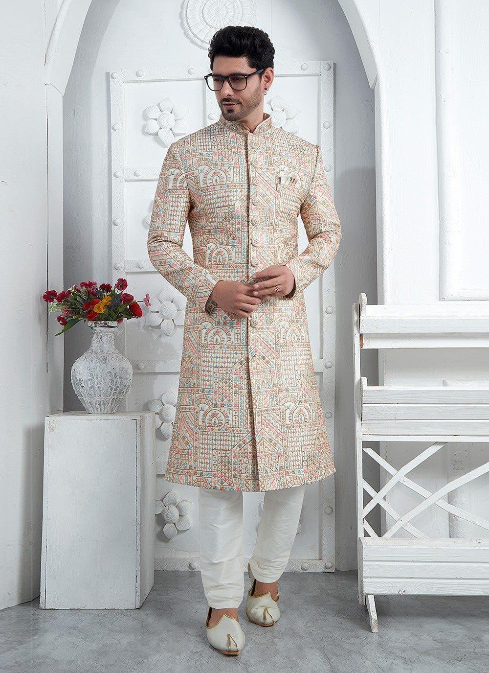 Embroidered Art Silk Cream Sherwani - M7458